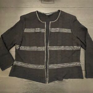 Ming Wang Black Textured Jacket with Faux Leather Trim and Rhinestones PM